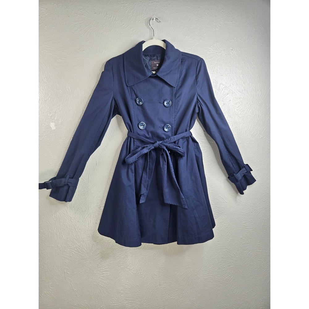 Forever 21 Double Breasted Belted Trench Coat Lg Navy Blue Academia Preppy Twee